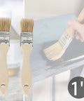 Six Piece Chip Paint Brush Set With 1 Inch 2 Inch 3 Inch Natural White Bristles And Solid Wooden Ergonomic Handles For Oil Based Paint, Glue, Acrylic And Stain, Streak Free Finish, Comfortable Grip showing 1 inch brushes in use