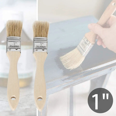 Six Piece Chip Paint Brush Set With 1 Inch 2 Inch 3 Inch Natural White Bristles And Solid Wooden Ergonomic Handles For Oil Based Paint, Glue, Acrylic And Stain, Streak Free Finish, Comfortable Grip showing 1 inch brushes in use