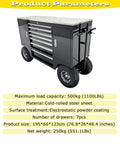 Badass Heavy Duty 500kg Rolling Toolbox With 7 Drawers Off Road Tires Racing Pit Wagon Cart shown from the side with detailed specs.