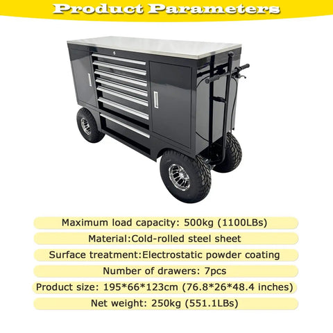 Badass Heavy Duty 500kg Rolling Toolbox With 7 Drawers Off Road Tires Racing Pit Wagon Cart shown from the side with detailed specs.