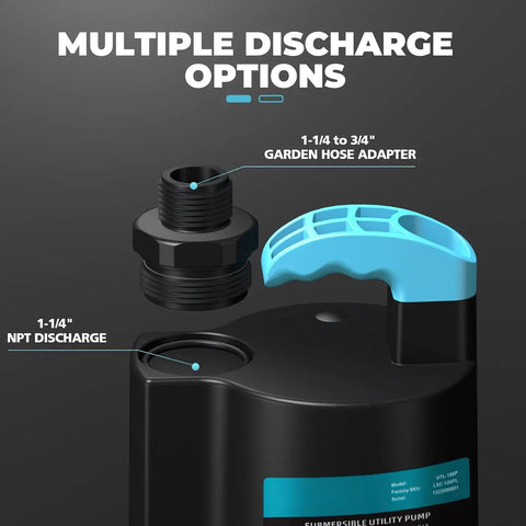 Image showing multiple discharge options for Submersible Water Pump 2250GPH for Basement Drainage and Pool Cleanup, Portable Electric Sump Pump