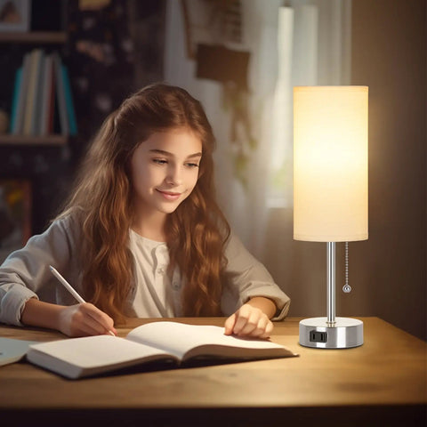 Girl studying with Flax Woodgrain USB Nightstand Lamp With Pull Chain 2700K 4000K 5000K Color Temperature USB Port And AC Outlet Bulb Included