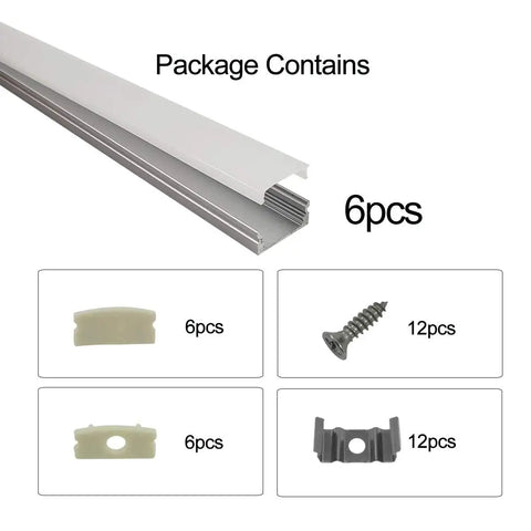 6 Pack 30cm U Shape LED Aluminum Channel System With Milky Diffuser Cover End Caps And Mounting Clips includes 6 channels, 12 clips, 12 screws