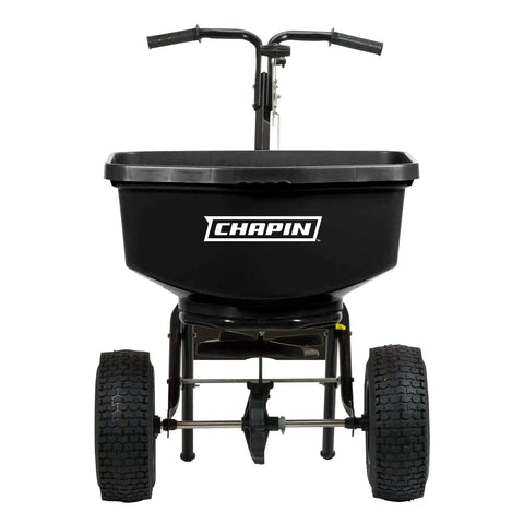 100 Pound Pro Grade Turf Spreader For Contractors With Weatherproof Poly Hopper, Enclosed Acetal Gear, Black Front View