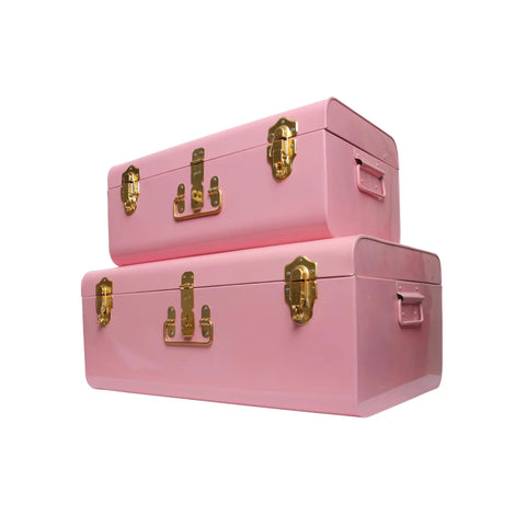 Two Dope Vintage Style Metal Storage Trunks With Gold Handles And Locks, Space Saving Organizer For Home Dorm And Office