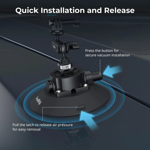 6 Inch Suction Cup Mount With Ball Head Magic Arm for action cameras on car windshield, quick installation and release features.