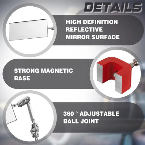 Rectangular Magnetic Inspection Mirror 4x2 Inches With Dual 360-Degree Adjustable Joints, Welding And Mechanical Repair Mirror, Lightweight 0.2kg Magnetic Base, Fits Narrow Spaces, Handy For Repairs, Value Pack 1, red magnetic base and joint detail