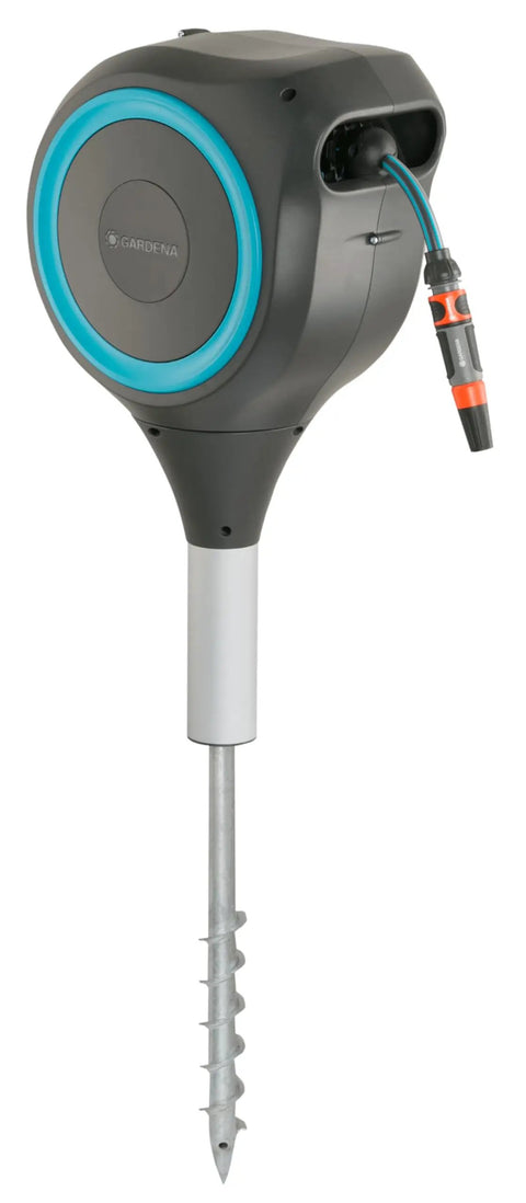 Automatic Retractable Garden Hose Reel With 50 Feet Of Easy Retracting Hose 360 Degree Swivel Metal Spike Base UV Resistant Housing