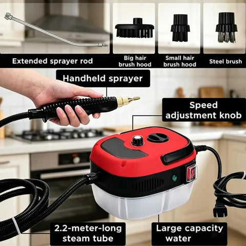 No Sweat Heavy Duty 2500W High Pressure Steam Cleaner For Car Engine Detailing And House Chores With Six Adjustable Heat Levels Portable Multi Surface Steam Workhorse For Kitchen Bathroom And Wheels In Red with handheld sprayer and attachments.