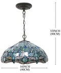 Tiffany Style Sea Blue Stained Glass Dragonfly Pendant Light, 16 Inch Wide, 40 Inch Height, Antique Bronze Fixture, 48 Inch Cord, S147 Series
