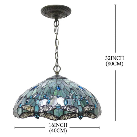 Tiffany Style Sea Blue Stained Glass Dragonfly Pendant Light, 16 Inch Wide, 40 Inch Height, Antique Bronze Fixture, 48 Inch Cord, S147 Series
