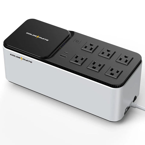 Beefy 600VA LiFePO4 UPS Battery Backup With 6 Outlets And 2 USB Ports Wireless Charging And Surge Protector For Home Office Electronics 76.8Wh Power Supply Compact Design, showing black and white unit with power outlets and charging ports.