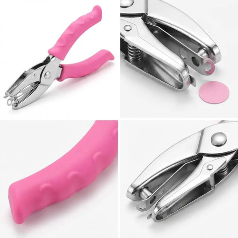 Dual Size Paper Hole Punch Set With Pink Soft Grip Handles, showing details of punches, grip, and heavy duty metal build for DIY crafts