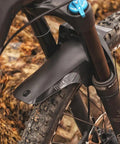 Front Mountain Bike Mud Guard Face Fender Shield in black, on bike fork, easy Velcro install, protects fork seals and stanchions