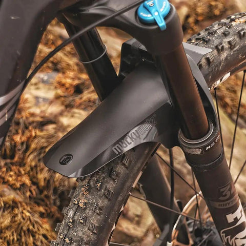 Front Mountain Bike Mud Guard Face Fender Shield in black, on bike fork, easy Velcro install, protects fork seals and stanchions