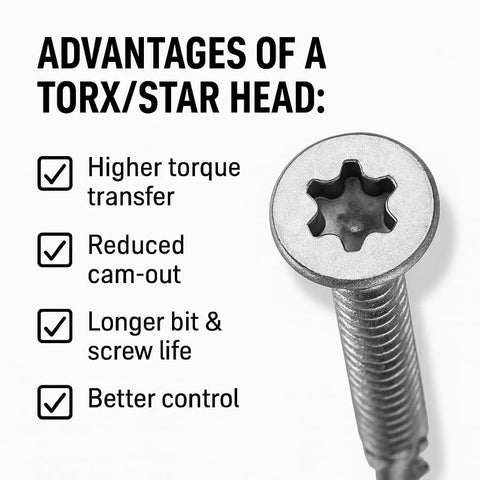 Close-up of 1/4 X 2-3/4 In Black Ruspert Self-Drilling Wood To Metal Screws With Torx Star Head T27 highlighting benefits.