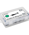 166 Piece Scuba O Ring Kit With FKM90 Rubber Seals in clear box, labeled for dive hoses and tanks, high temperature fuel resistant.