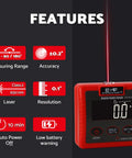 Rock Solid Heavy Duty Magnetic Digital Angle Finder Featuring A Slick Extra Large Auto Invert Lcd Display For Dang Precise Leveling And Easy Shop Job Tracking with laser feature and accuracy details.