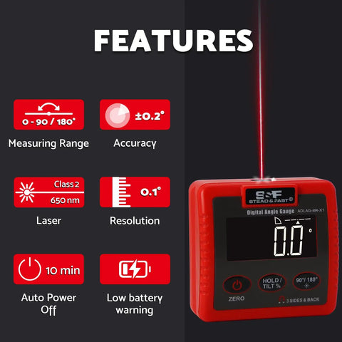Rock Solid Heavy Duty Magnetic Digital Angle Finder Featuring A Slick Extra Large Auto Invert Lcd Display For Dang Precise Leveling And Easy Shop Job Tracking with laser feature and accuracy details.
