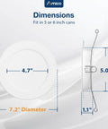 Dimensions of Flat Trim Recessed Can Light Covers For 5 And 6 Inch Housing Dimmable LED Ceiling Fixtures, showing 7.2" diameter.