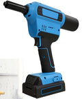 Heavy Duty Brushless Electric Rivet Gun With Hella Quiet Motor Fits Power Drills And Screwdrivers, blue ergonomic design for aluminum fastening.