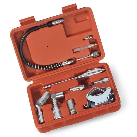 All-In-One Grease Gun Kit With Attachments And 90-Degree Swivel For Home Garage And Shop Industrial Quality Lubrication Accessory Set Fits Most Couplers Easy Connect Design For Fast Pro-Grade Maintenance in red case with hose and adapters visible