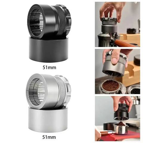 Pro Level Needle Coffee Tamper And Espresso Bed Leveler with black and silver designs, showing usage on espresso portafilter.