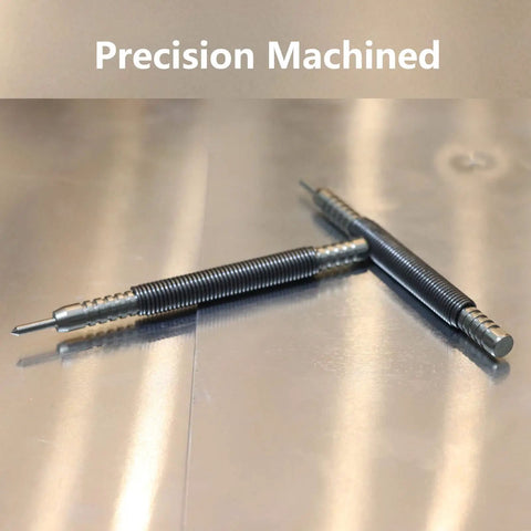 Heavy Duty Two Piece Spring Loaded Hammerless Center Punch Kit on metal surface, precision machined for impact striking force.