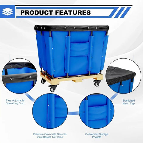 Top Shelf Heavy Duty Vinyl Basket Truck Glide Smooth Industrial Laundry Hamper Commercial Service Cart With Sturdy Wheels Blue Cover features adjustable drawstring and storage pockets.