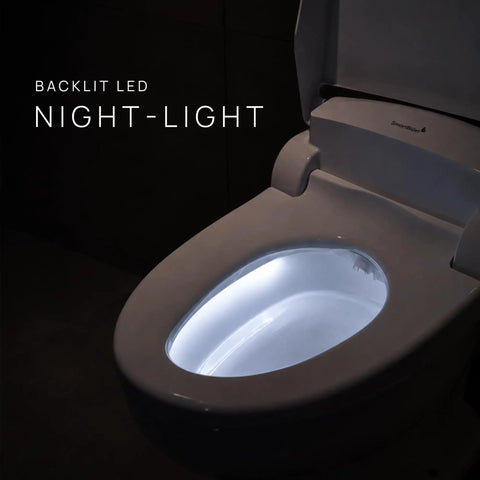 Slick Smart Bidet Toilet Seat With Heated Seat And Warm Water Spray Plus Air Dryer Remote Control Elongated Shape for illuminated toilet bowl at night.