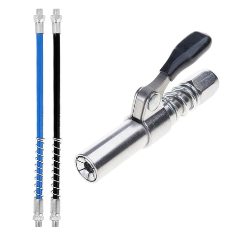 Grease Coupling Kit With 30cm Hose For Auto And Machinery Maintenance showing metal nozzle and hoses