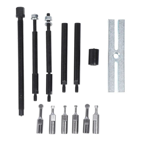 Badass 13 Piece Embedded Bearing Removal Tool Kit For ISO Bearings 6004 6010 6201 6206 6300 6302 Small Insert Bearing Puller Set Heavy Duty Metal Build Removes Stuck Bearings A Breeze For Any Mechanic Fixing Engines And Machines Fast Without Hassle, 13-piece metal tool set laid out on white