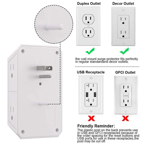 Wall Outlet Extender Surge Protector With Six Wide Spaced Outlets And Four Fast Usb Ports For Dorm Room And Office Gear, showing fit for duplex and decor outlets.