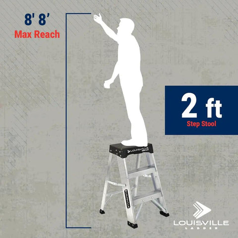 2-Foot Aluminum Step Stool For Industrial Use - Heavy-Duty 300-Pound Capacity, Rugged Gusset Bracing, Type IA AS3002, Lightweight 2-Step Ladder For Easy Low-Reach Tasks, 2 ft step stool shown with max reach graphic