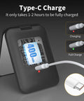 Back of Rechargeable Dimmable LED Pocket Mirror showing Type-C charge port with cable, black mirror case.