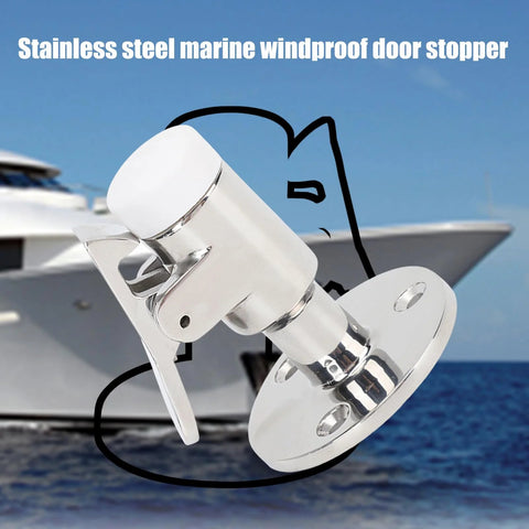 Side view of stainless steel marine door stopper with circular base plate and swiveling arm