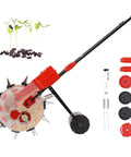 Hand Push Seeder With Ten Nozzles For Garden Row Crops, Precision Seed Drill Planter with accessories and seed view