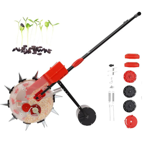 Hand Push Seeder With Ten Nozzles For Garden Row Crops, Precision Seed Drill Planter with accessories and seed view