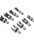Rugged Carbon Steel Wood Plug Drill Bit Cutter Set With Spiral Claw Design Eight Piece Kit in a row, various sizes, precision cutting.