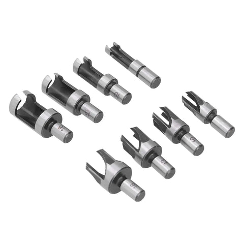 Rugged Carbon Steel Wood Plug Drill Bit Cutter Set With Spiral Claw Design Eight Piece Kit in a row, various sizes, precision cutting.