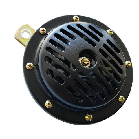 Heavy Duty 24 Volt Horn Replacement 121058 Plug And Play Upgrade For Skyjack Electric Scissor Lifts, round black horn with gold screws