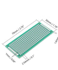 Three Pack 30x70mm Double Sided PCB Prototyping Boards For DIY Soldering And Electronics Projects FR4 Glass Fiber With Pre Tin Holes 1mm Hole Diameter And 2.54mm Grid Great For Practice And Test Circuits. Image showing a single double-sided green PCB board with dimensions marked.