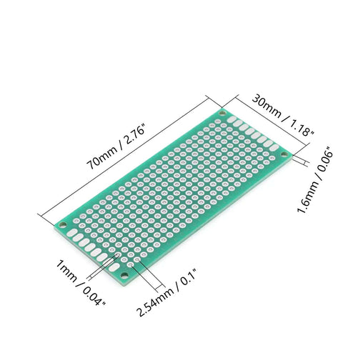 Three Pack 30x70mm Double Sided PCB Prototyping Boards For DIY Soldering And Electronics Projects FR4 Glass Fiber With Pre Tin Holes 1mm Hole Diameter And 2.54mm Grid Great For Practice And Test Circuits. Image showing a single double-sided green PCB board with dimensions marked.