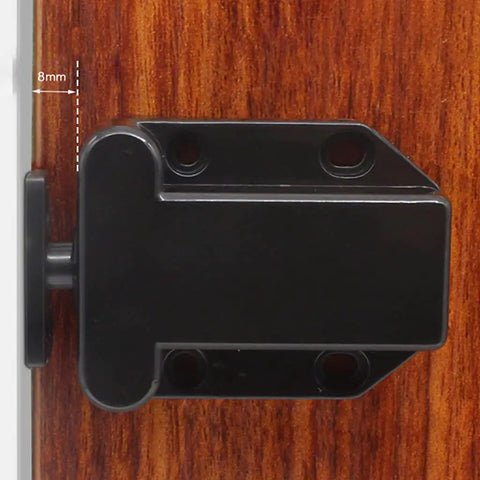 Non Magnetic Door Push Latch For Single Doors with adjustable spring clip shown on wood surface, 8mm installation gap.