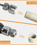 Professional PPR Pipe Threading And Reaming Tool Kit Compatible With Electric Drill, showing threading tool against PVC pipe.