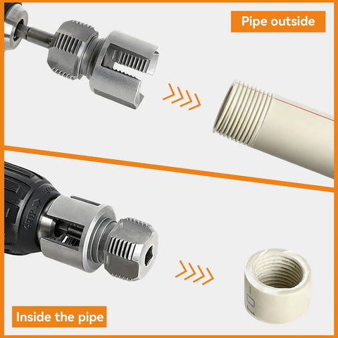 Professional PPR Pipe Threading And Reaming Tool Kit Compatible With Electric Drill, showing threading tool against PVC pipe.
