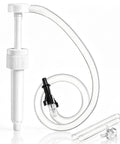 Heavy Duty Fluid Transfer Pump For 28 MM Quart Bottles With Flex Hose And Dual Tubes showing white pump and clear flex hose