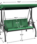 3-Person Outdoor Porch Swing Bed With Stand And Adjustable Canopy For Adults, Cozy Patio Daybed Swing, Green, with dimensions.