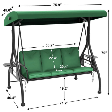 3-Person Outdoor Porch Swing Bed With Stand And Adjustable Canopy For Adults, Cozy Patio Daybed Swing, Green, with dimensions.