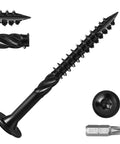 Pro Level Lag Screws For Heavy Duty Framing Number Fourteen By Two Point Five Inch Carbon Steel Wood Construction Fasteners showing flanged washer head and Torx bit.